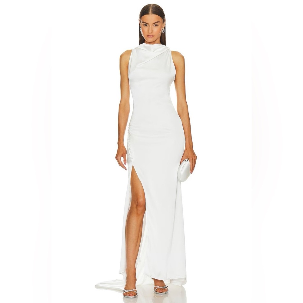 REVOLVE white high neck gown wedding with buttons and slit